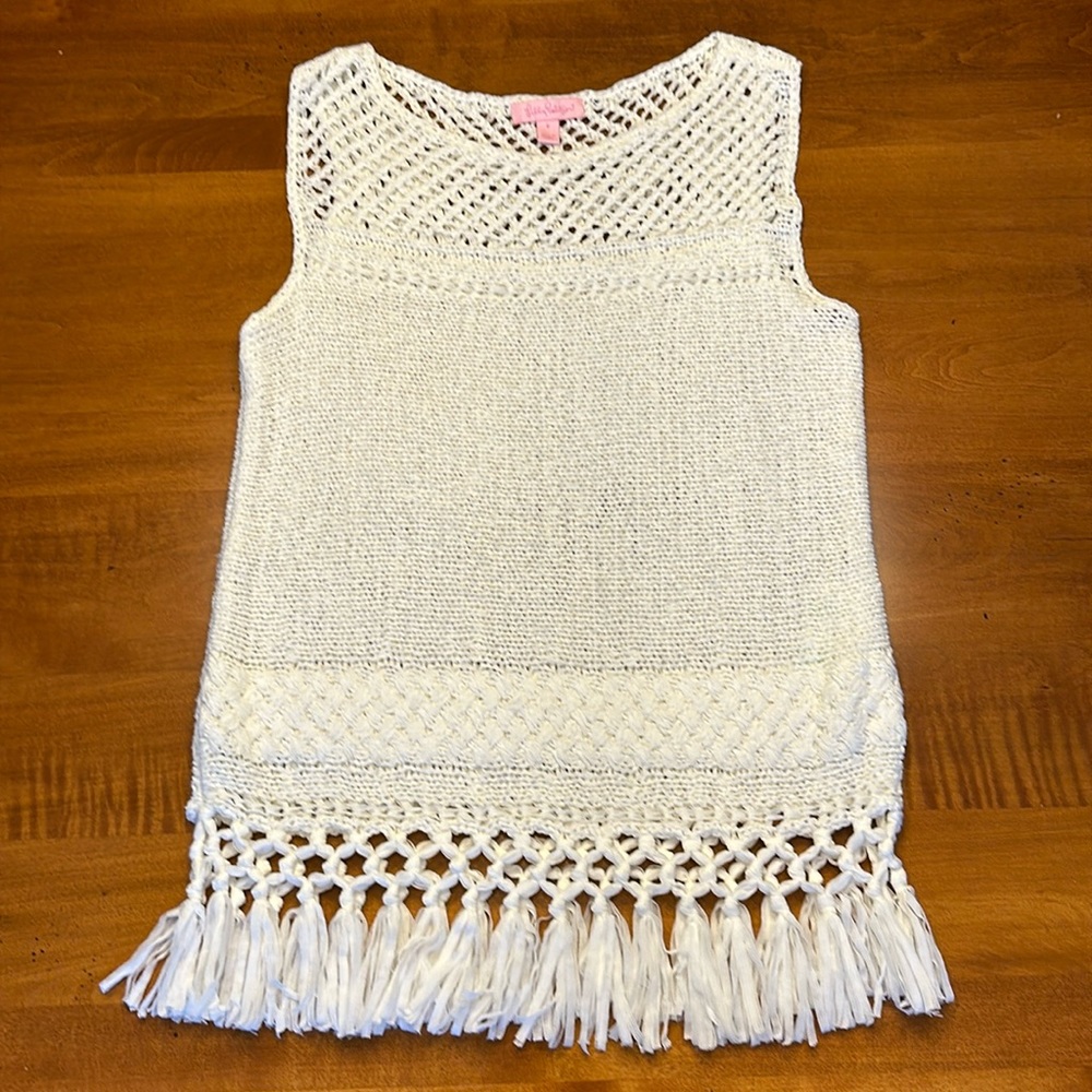 Lilly Pulitzer Limon Crochet Knit Tank Top with Tassels